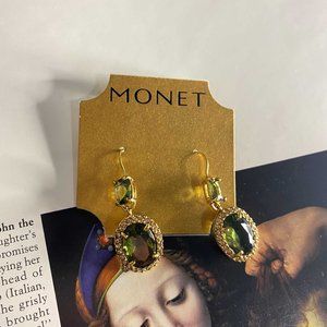 Vintage 1990s Monet Topaz/Green Rhinestone Pierced Post drop pierced Earrings